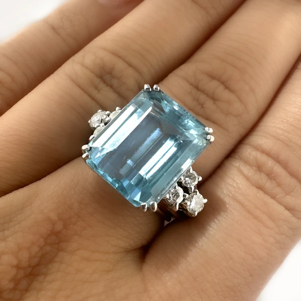Vintage Emerald-Cut Aquamarine and Diamond Ring - Saddingtons Jewellery Stand 375 - image 1