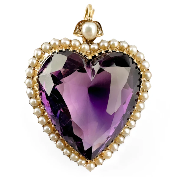 Victorian Amethyst & Seed Pearl Heart Pendant - Saddingtons Jewellery Stand 375 - image 1