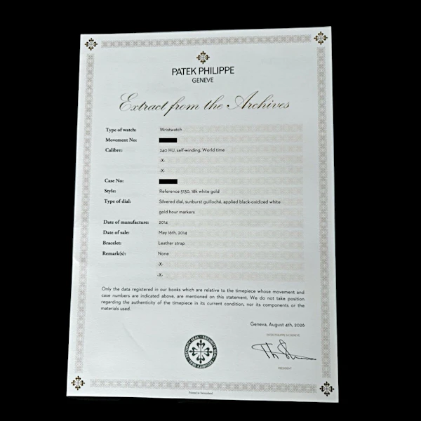 PATEK PHILIPPE WORLD TIME 5130G WHITE GOLD WITH BOX AND EXTRACT OF ARCHIVE (2014) - image 6