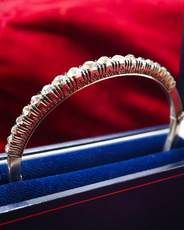A very fine Silver (tested European Grade), Graduated, Paste, Half Hinged Bangle. Circa 1890. Continental. - image 4