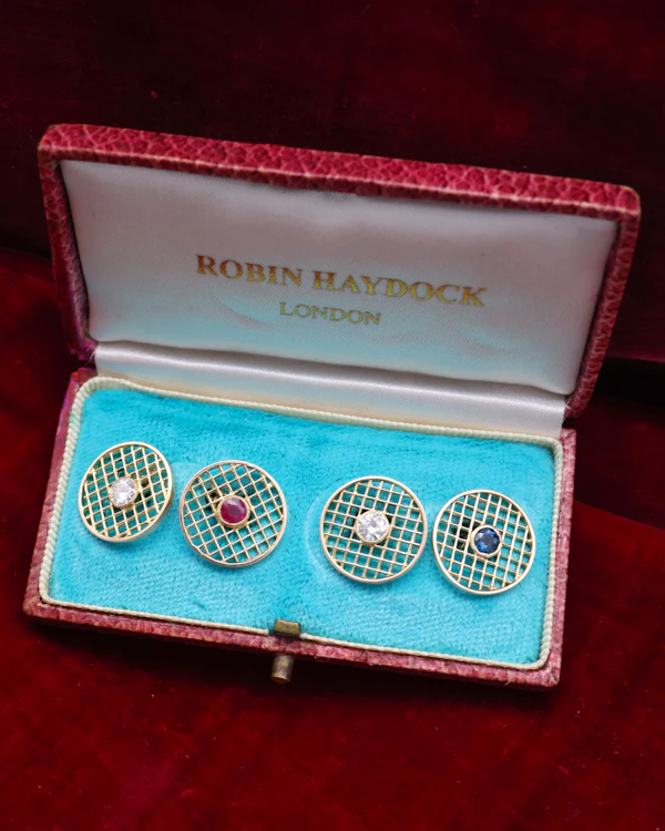 A fine pair of 18 ct. Yellow Gold (tested), Ruby, Sapphire & Diamond Cuff Links. Circa 1960 - image 1
