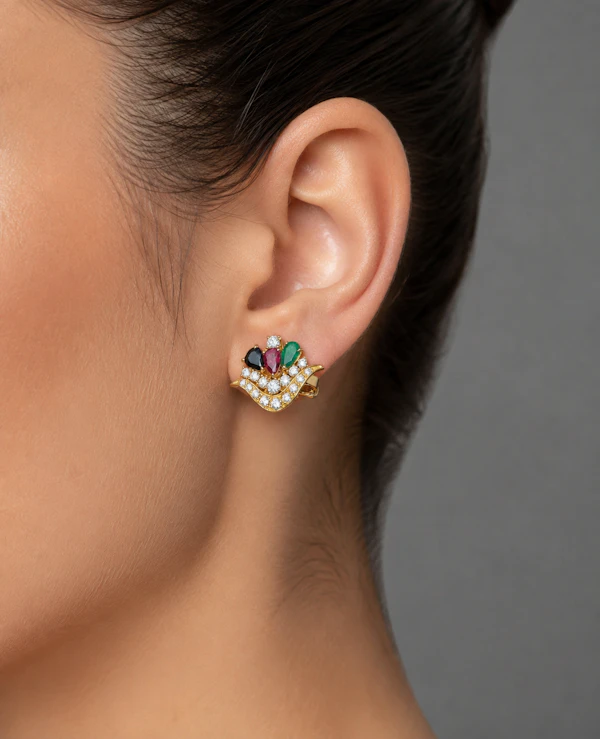 Multicolour Emerald, Ruby, Sapphire & diamond Cluster Earrings - image 5