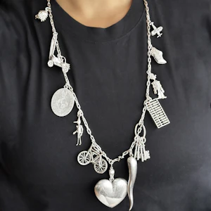 Vintage Silver 13 Charm Long Chain Necklace - Saddingtons Jewellery Stand 375