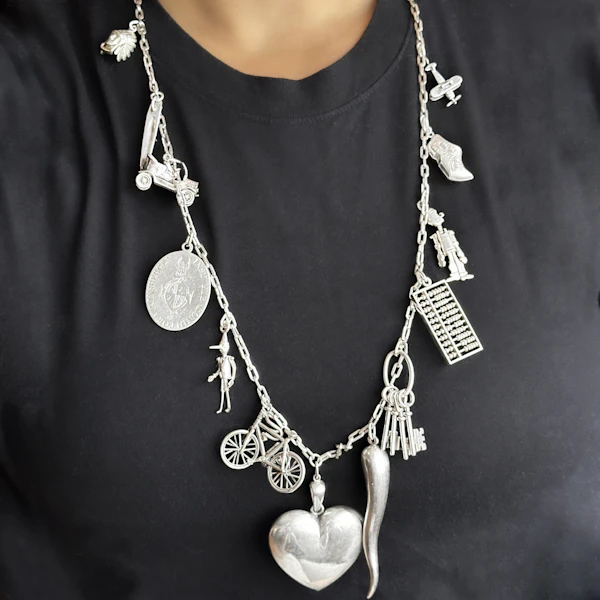 Vintage Silver 13 Charm Long Chain Necklace - Saddingtons Jewellery Stand 375 - image 1