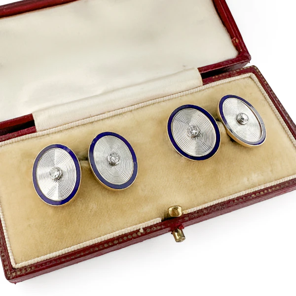 Art Deco Cartier London Diamond & Blue Enamel Cufflinks - Saddingtons Jewellery Stand 375 - image 3