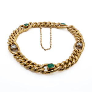 18ct French Curb Linked Diamond and Emerald Bracelet Spectrum Antiques
