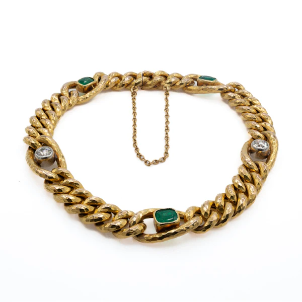 18ct French Curb Linked Diamond and Emerald Bracelet Spectrum Antiques - image 1