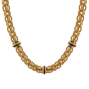Vintage 18ct Gold Emerald, Sapphire & Ruby Rondelle Necklace Spectrum Antiques