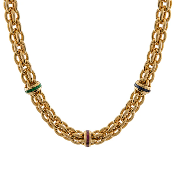 Vintage 18ct Gold Emerald, Sapphire & Ruby Rondelle Necklace Spectrum Antiques - image 1