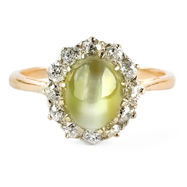 Edwardian Chrysoberyl Cat’s Eye & Diamond Cluster Ring - Saddingtons Jewellery Stand 375 - image 2