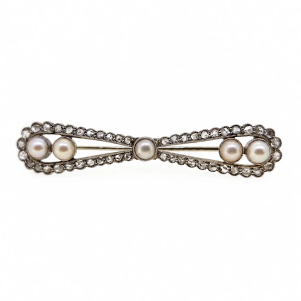 Rose cut diamond & pearl bar brooch - image 2