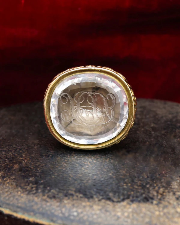 A 15 ct. (tested),Yellow Gold Seal in a detailed urn design and a Rock Crystal intaglio with facets to the edges and the initials H.J.B .  English Circa 1830 - image 2