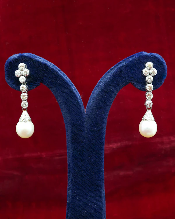 A fine pair of Platinum, Cultured Pearl & Diamond Drop Earrings. Circa 1950 - image 1