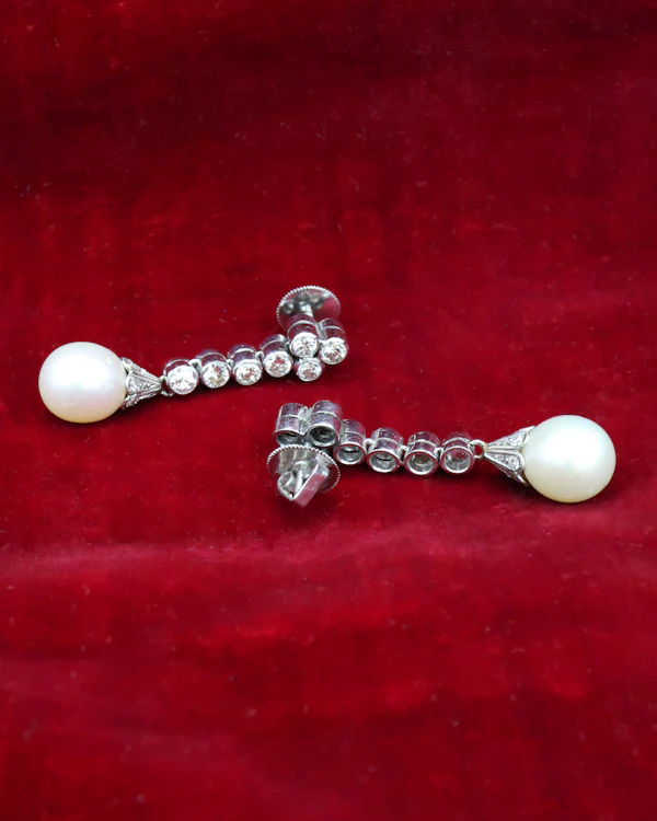 A fine pair of Platinum, Cultured Pearl & Diamond Drop Earrings. Circa 1950 - image 4