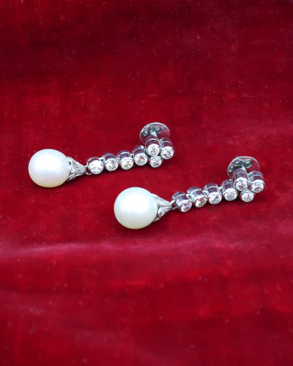 A fine pair of Platinum, Cultured Pearl & Diamond Drop Earrings. Circa 1950 - image 3