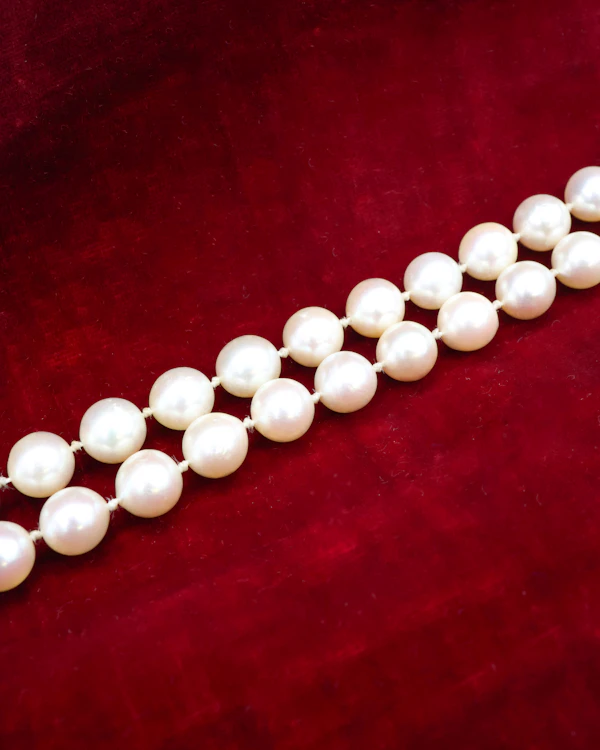 A fine Yellow Gold & Strung Cultured Pearl Necklace, set with four Round Cut Natural Sapphires (0.40 carats) and eighty three Oval and Near Shaped Cultured Pearls. Circa 1960 - image 5