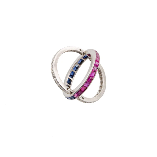 Art Deco Platinum Ruby, Sapphire & Diamond Day & Night Flip Ring Spectrum Antiques - image 1