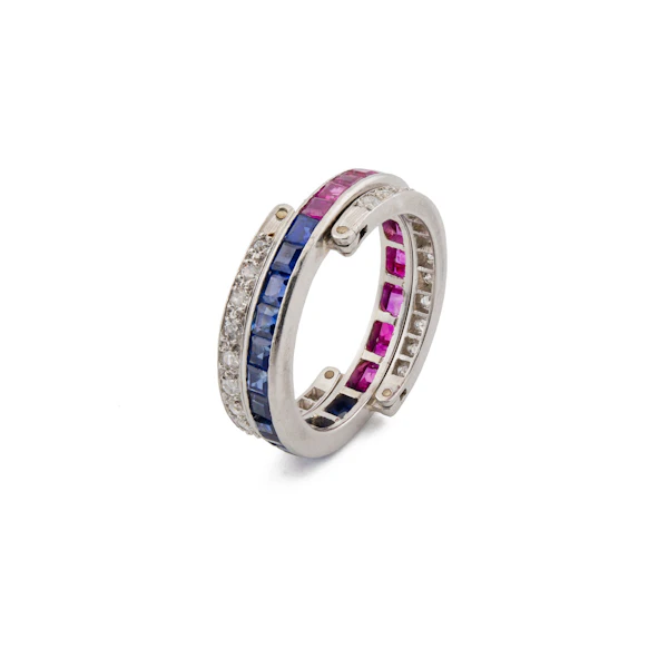 Art Deco Platinum Ruby, Sapphire & Diamond Day & Night Flip Ring Spectrum Antiques - image 2