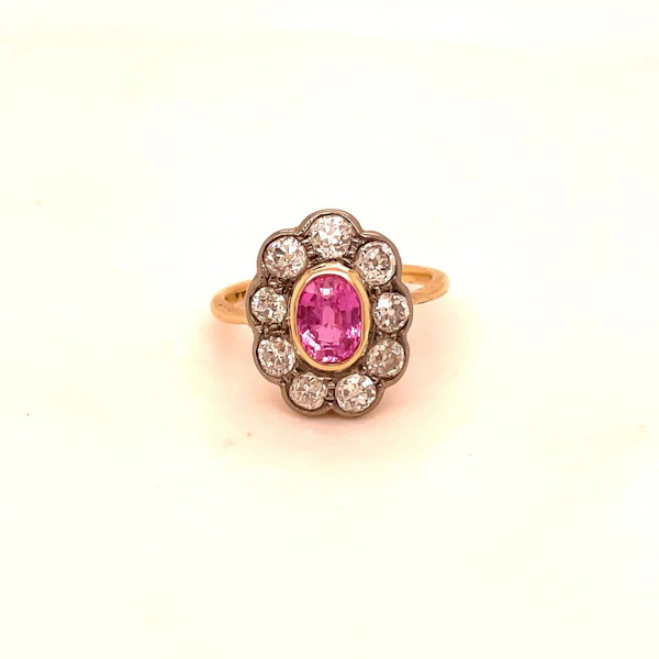 'Pretty in Pink'- Natural Pink Sapphire and Diamond Cluster Ring ca1920-35 - image 2