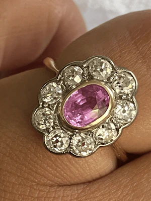 'Pretty in Pink'- Natural Pink Sapphire and Diamond Cluster Ring ca1920-35