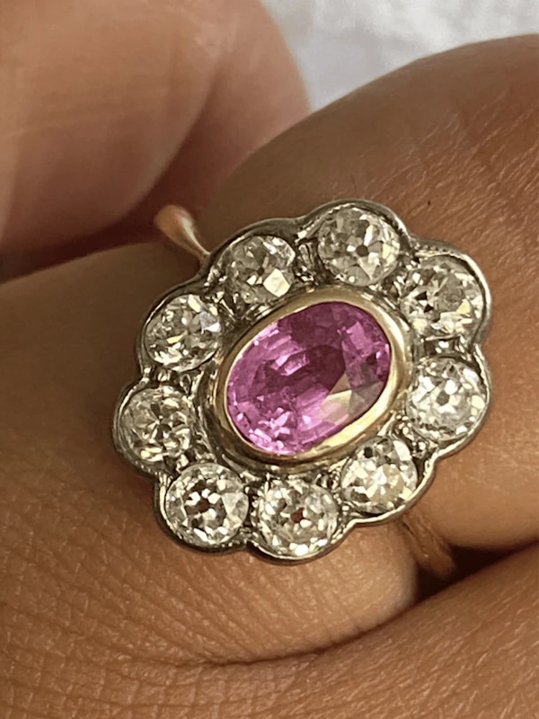 'Pretty in Pink'- Natural Pink Sapphire and Diamond Cluster Ring ca1920-35 - image 1