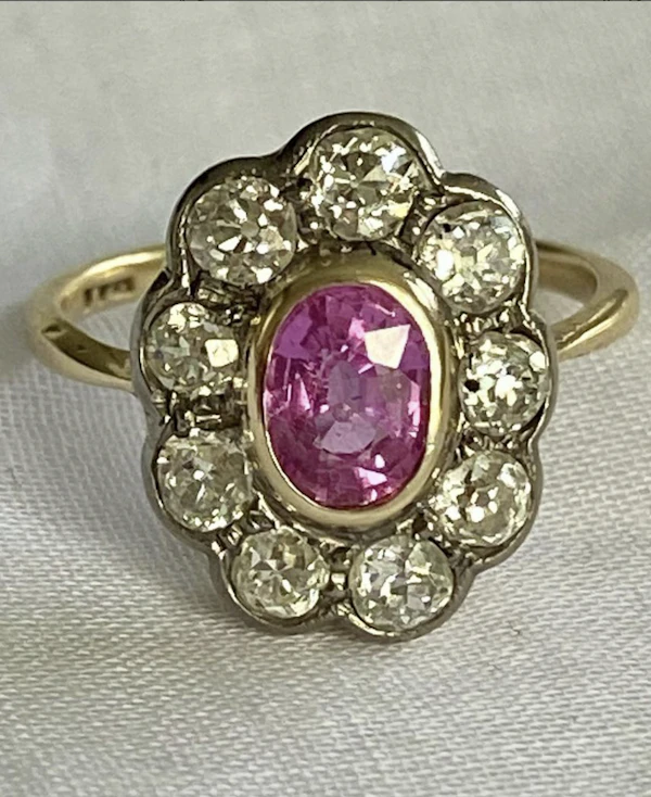 'Pretty in Pink'- Natural Pink Sapphire and Diamond Cluster Ring ca1920-35 - image 3