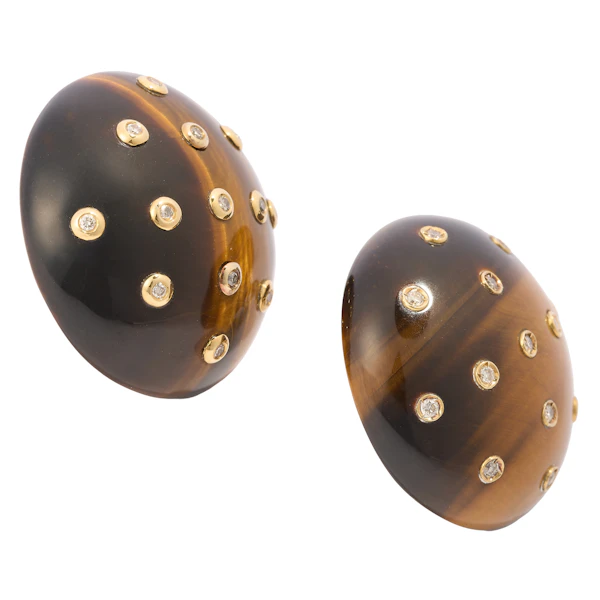 Vintage Tiger's Eye & Diamond 18ct Gold Earrings, c.1970s - image 2