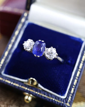 Downstairs in Grays: An extremely beautiful Sapphire and Diamond Three Stone Engagement Ring, Circa 1935.