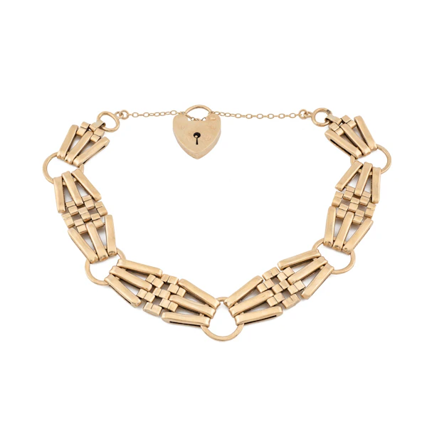 Vintage 9ct Gold Gate Bracelet with Heart Padlock Spectrum Antiques - image 1