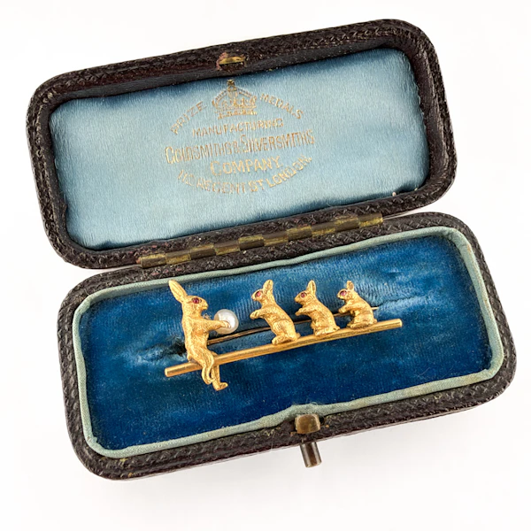 Edwardian Rabbit Brooch with Ruby Eyes & Natural Pearl - Saddingtons Jewellery Stand 375 - image 2