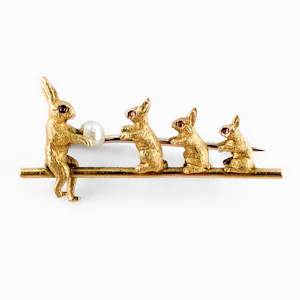 Edwardian Rabbit Brooch with Ruby Eyes & Natural Pearl - Saddingtons Jewellery Stand 375