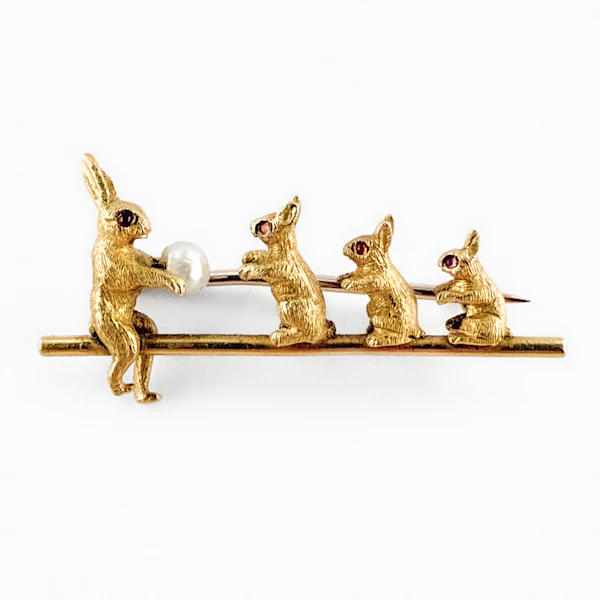 Edwardian Rabbit Brooch with Ruby Eyes & Natural Pearl - Saddingtons Jewellery Stand 375 - image 1