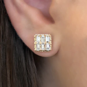 Vintage Baguette & Round Diamond Square Stud Earrings - Saddingtons Jewellery Stand 375
