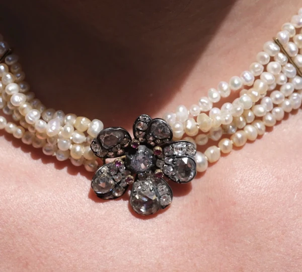 Victorian Natural Pearl Five-Strand Necklace with 4.5ct Old-Cut Diamond Flower Clasp - image 2