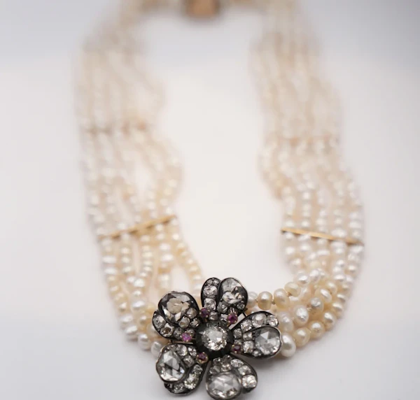 Victorian Natural Pearl Five-Strand Necklace with 4.5ct Old-Cut Diamond Flower Clasp - image 3
