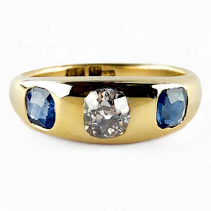 Late Victorian Sapphire & Diamond 3 Stone Gypsy Ring - Saddingtons Jewellery Stand 375
