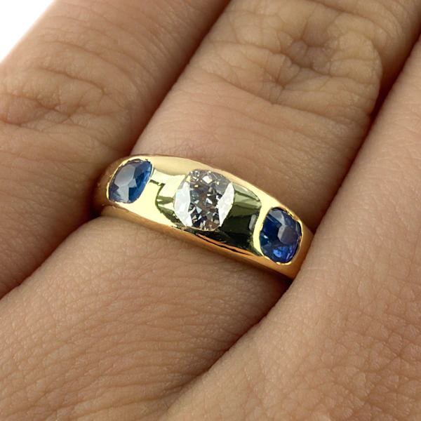 Late Victorian Sapphire & Diamond 3 Stone Gypsy Ring - Saddingtons Jewellery Stand 375 - image 4