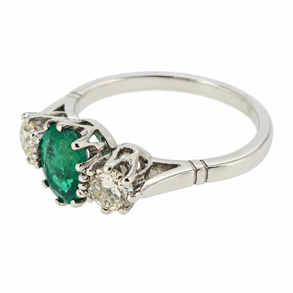 Oval emerald & diamond 3 stone ring, platinum - image 2
