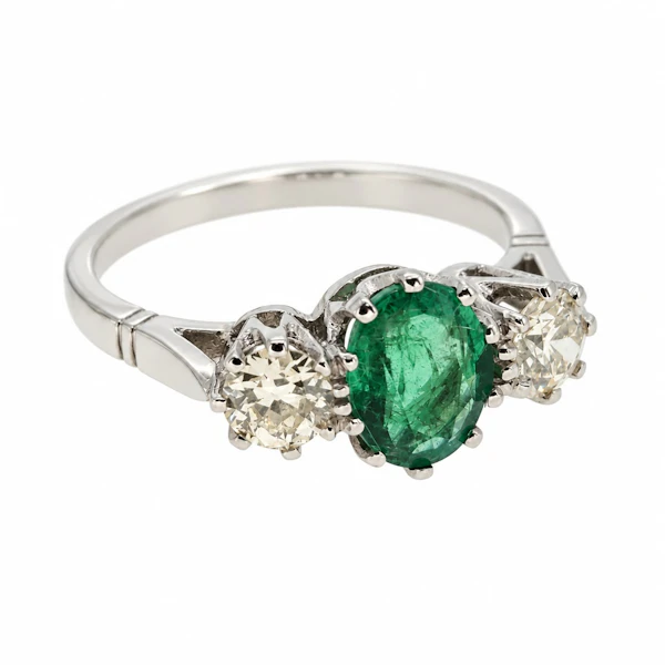 Oval emerald & diamond 3 stone ring, platinum - image 4