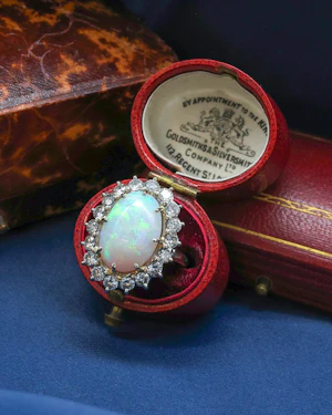 Downstairs at Grays: A very fine Opal and Diamond Cluster Ring set in 18ct White Gold, English, Circa 1960