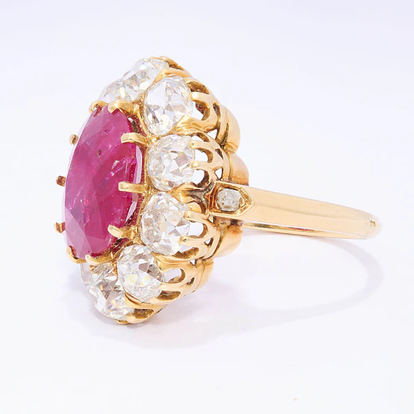 French Antique Burmese Ruby, Diamond and 18ct Yellow Gold Cluster Ring, 7.00 Carats, Circa 1890 - image 2