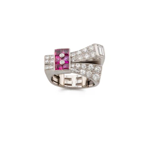 Retro Platinum Ruby & Diamond Cocktail Ring Spectrum Antiques