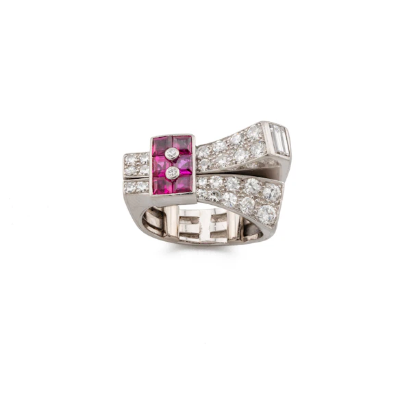 Retro Platinum Ruby & Diamond Cocktail Ring Spectrum Antiques - image 1