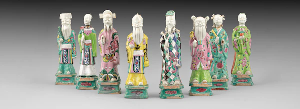 Eight Chinese famille rose Daoist immortals, Qing dynasty, c. 1780 each figure holding its attribute, 24cm high - image 2