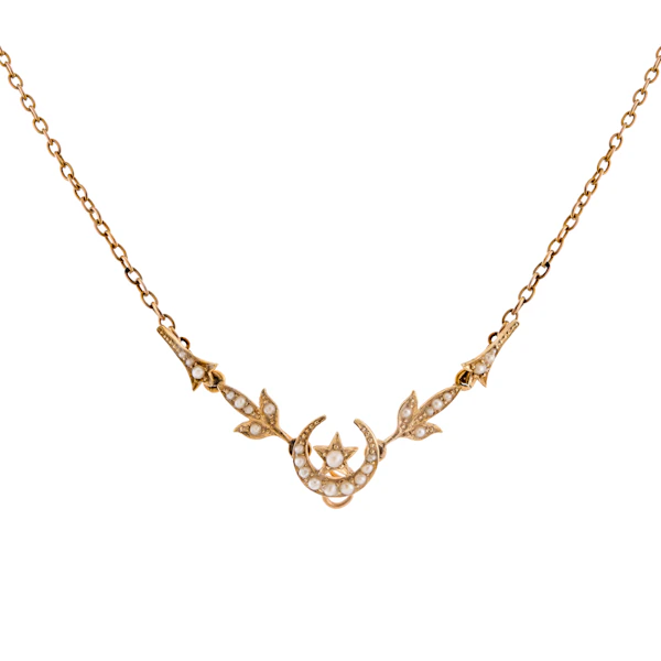 Antique 15ct Gold Pearl Crescent and Star Necklace - image 1