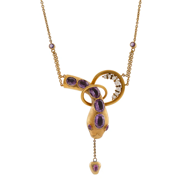 Antique 15ct Gold Amethyst and Pearl Snake Necklace - image 1