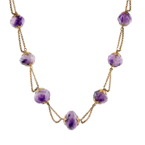 Victorian 15ct Gold Faceted Amethyst Station Necklace - image 1