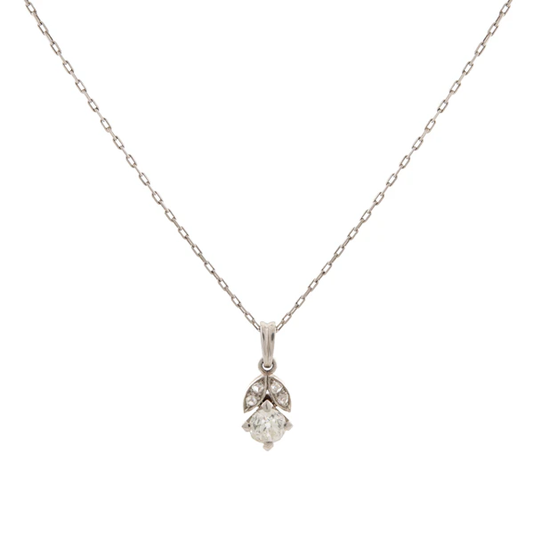 Edwardian Platinum Diamond Flower Pendant on Chain - image 1
