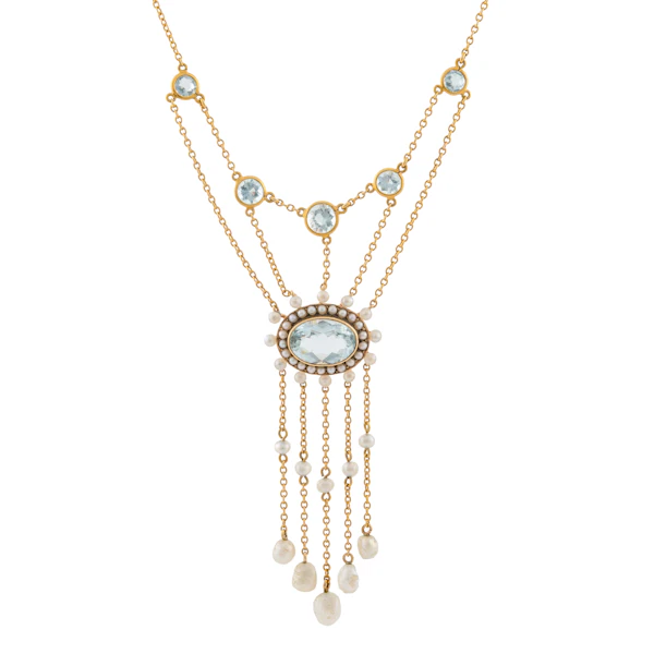 Victorian Aquamarine and Natural Pearl Tassel Drop Necklace in 15ct Gold - image 1