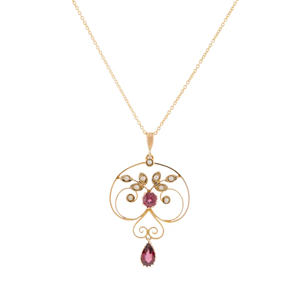 Garnet and Seed Pearl Foliate Necklace in 9ct Gold - image 1